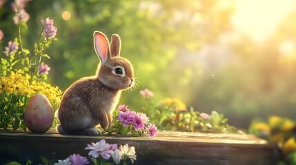 A rabbit is sitting on a wooden ledge in a garden with flowers. The rabbit is looking at the camera, and the flowers are in various colors. The scene is peaceful and serene