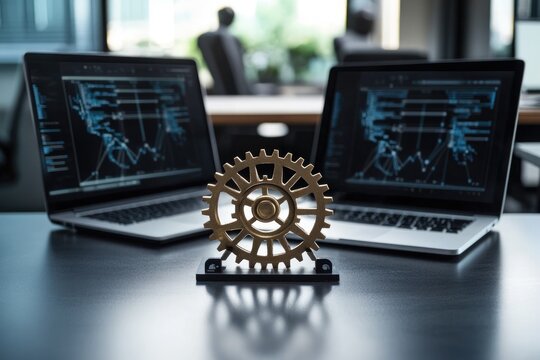 A golden gear rests between two laptops displaying code, symbolizing software development and technological synergy.