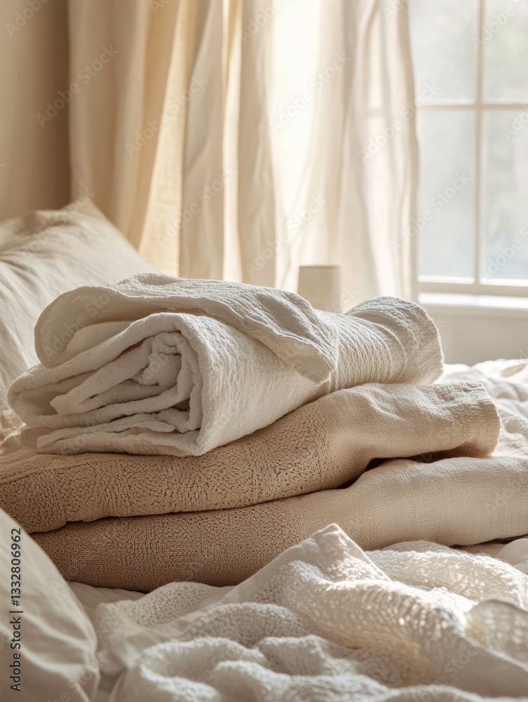 Leinwandbilder Freshly washed towels and linens create a cozy and inviting bedroom atmosphere with soft natural light Generative AI