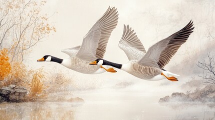 Two Geese Soar Over Autumnal Stream