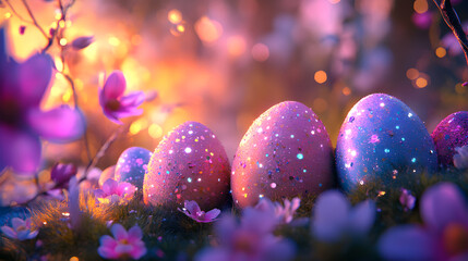 A group of three pink and blue eggs are surrounded by flowers and grass. The eggs are decorated with glitter, giving them a festive and playful appearance. Concept of joy and celebration