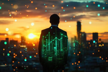 A businessman stands silhouetted against a city sunset, overlaid with dynamic financial graphs, symbolizing ambition and data-driven success.