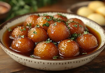 Glistening Gulab Jamun with Mint, Surrounded by Traditional Sweets

