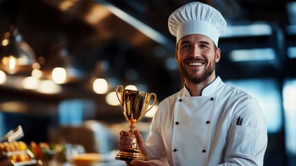 Happy chef holding a gold trophy