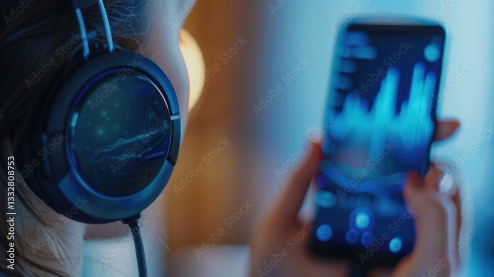 Aufkleber close-up of headphones on an ear connected to a smartphone displaying a music app for modern music l