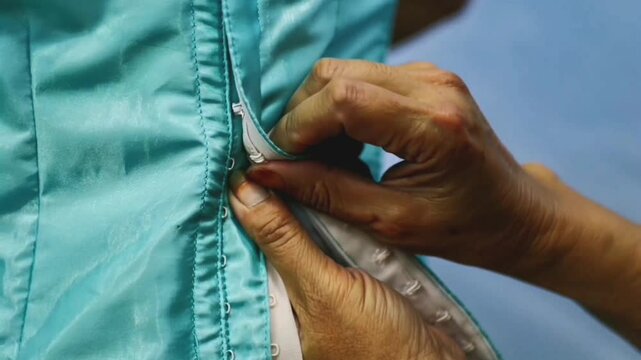 The art of tailoring and quality control of a dressmaking details. A close-up look at the fitting process, carefully inspected every stitch and seam of a dress,
