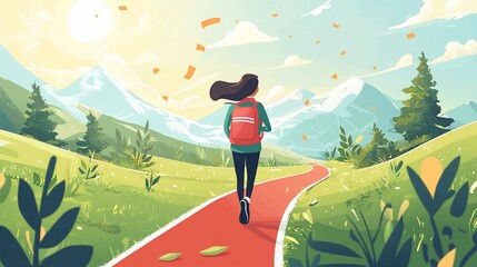 Woman hikes mountain path, autumn leaves fall, scenic view, travel blog