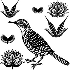 Naklejka premium A meticulously crafted illustration showcases a roadrunner bird surrounded by stylized floral elements in striking black and white.