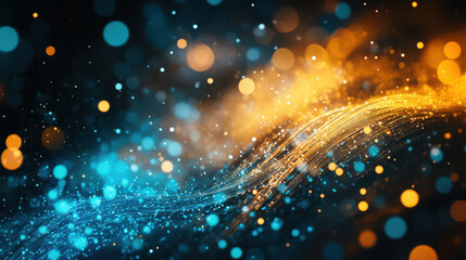A high-resolution shot of shimmering fiber optics, elegantly tangled and pulsating with hues of icy blue and warm amber, creating a mesmerizing contrast against a smooth dark background