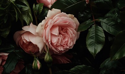 Delicate Pink Roses in Lush Garden Setting