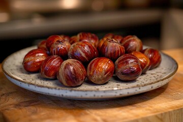 Obraz premium A rustic platter filled with roasted chestnuts, their glossy shells reflecting the warm kitchen light, placed on a wooden cutting board in a cozy setting.