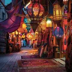 Obraz premium Colorful Moroccan market at sunset with intricate patterns and lanterns