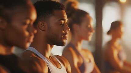 Diverse group meditating, eyes closed, peaceful expressions.