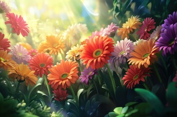Vibrant Floral Landscape with Colorful Gerbera Daisies Illuminated by Soft Sunlight in a Lush Green Garden Setting