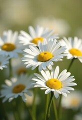 Delicate white daisies with bright yellow centers bloom in a serene garden, capturing the essence of natural beauty and tranquility.