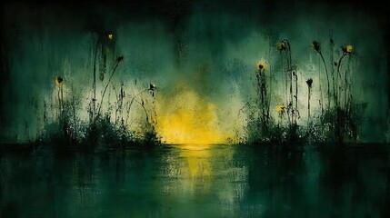 A glowing visual of a meadow under twilight with plants swaying in a gentle breeze.