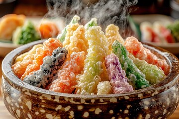 A vibrant bowl of assorted vegetable tempura, showcasing an array of colors and textures, served steaming hot with a delicate, crispy batter creating visual appeal.