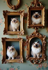 A charming display of framed portraits featuring fluffy cats on a floral-patterned wall, perfect for pet lovers and home decor inspiration.
