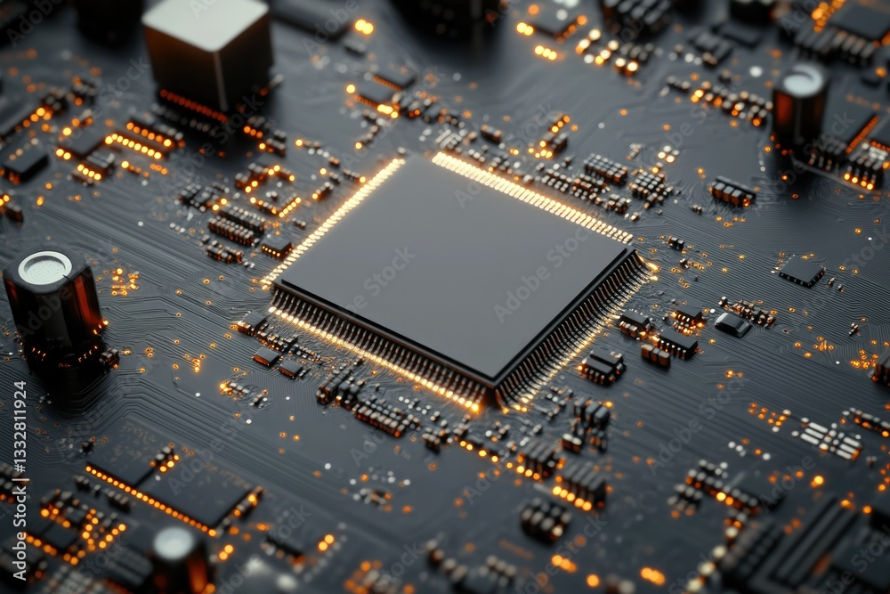 Poster Close-up of a central processing unit on a circuit board, showcasing intricate electronic components and circuitry.