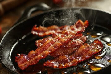 Crispy bacon sizzling in a black cast iron skillet, with visible steam, showcasing a mouthwatering breakfast favorite with its rich, smoky flavor and texture.