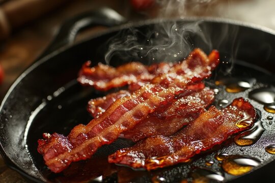 Crispy bacon sizzling in a black cast iron skillet, with visible steam, showcasing a mouthwatering breakfast favorite with its rich, smoky flavor and texture.