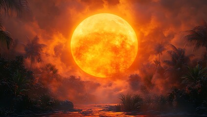Fiery Orange Sunrise Over a Tranquil Waterway with Lush Foliage