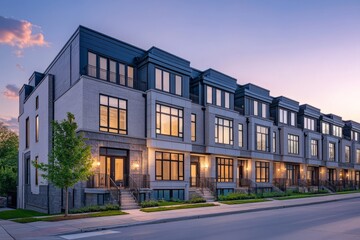 Fototapeta premium A row of modern townhouses with elegant architecture and green landscaping, premium real estate business, clean and professional composition, copy space, natural color, minimalism, stock photography