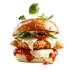 A Crispy Chicken Parmesan Sandwich with Marinara Sauce Isolated on Transparent Background