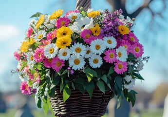 Vibrant Flower Basket with Mixed Blooms Displayed Outdoors Under Bright Blue Sky at Cemetery in Springtime