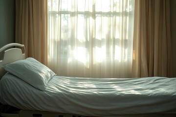 Empty hospital bed by a sunlit window, peaceful and serene.