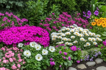Vibrant Flower Bed Displaying a Colorful Array of Blossoms in a Garden Landscape Featuring Pink, White, Yellow, and Purple Petals and Green Foliage