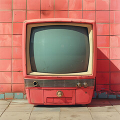 An old-fashioned television set resting against vibrant pink tiles, evoking nostalgia through its retro charm and distinctly vintage aesthetics.