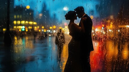 Romantic embrace amidst rainy cityscape urban evening photography love silhouette