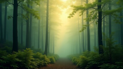 Fototapeta premium Sunlit Path in Misty Woods