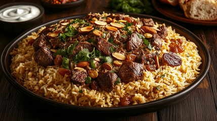 Traditional Arabian Kabsa with Spiced Meat and Rice  