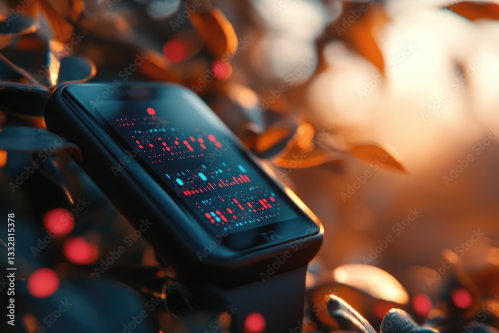 Poster a futuristic smartwatch with a vibrant, data-driven display rests in nature's embrace at sunset.