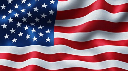Fototapeta premium Waving United States flag displaying red and white stripes along with blue field of stars in clear daylight