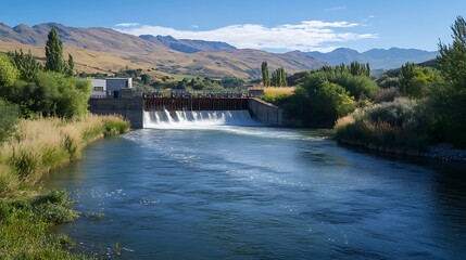 Serene river with a small hydropower plant in the background 32k full ultra HD high resolution