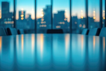 Plakat Empty conference table reflects city lights at dusk, suggesting business meeting or negotiation.