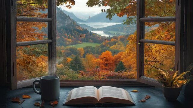 A book and coffee mug on the table in front of an open window overlooking, an autumn scene outside the windows, seamless looping animation background