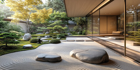 A tranquil Japanese garden showcasing calmness with carefully arranged rocks, sand patterns, and a beautiful arrangement of greenery.