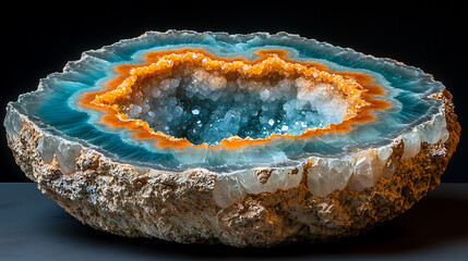 Obraz premium Stunning geode crosssection reveals vibrant teal, orange, and white crystal formations.