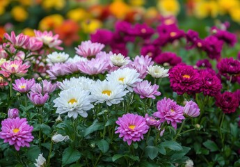 Fototapeta premium Vibrant Flower Bed with Colorful Blooms in Various Shades of Pink, White, and Purple Captured in Natural Garden Environment