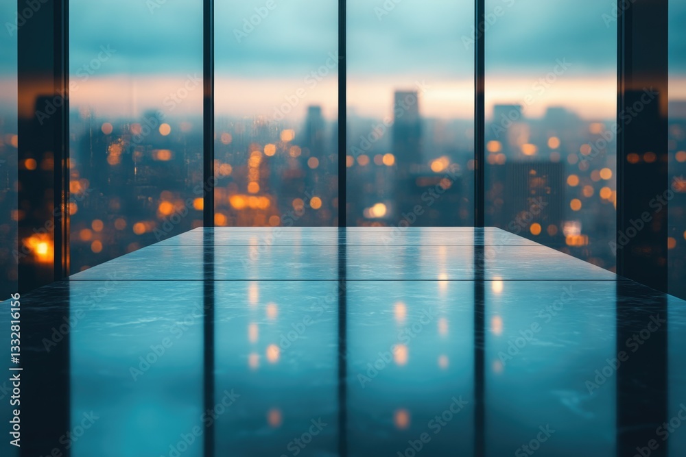 Poster reflective surface in a modern high-rise building overlooking a cityscape at twilight.