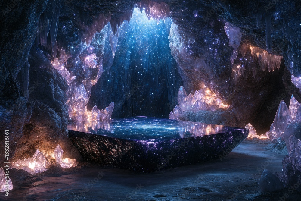 Poster enchanted crystal cave with glowing formations and a reflective pool, ethereal and magical.
