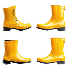 Bright Yellow Rubber Rain Boots Collection Isolated On Transparent Background Stylish Footwear Design