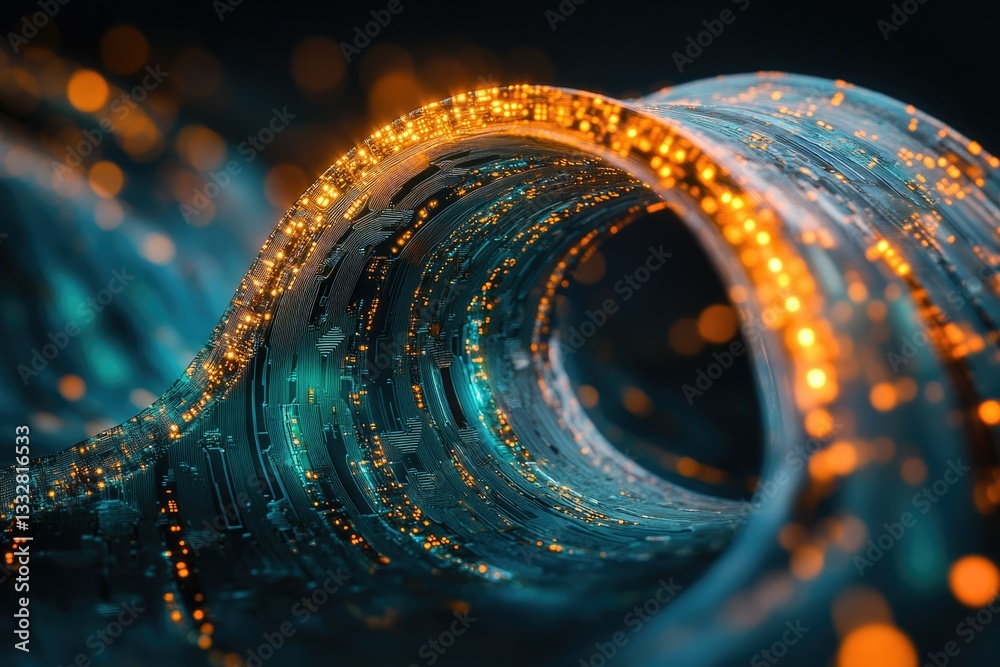 Poster abstract digital wave, glowing teal and orange, technological data flow concept.