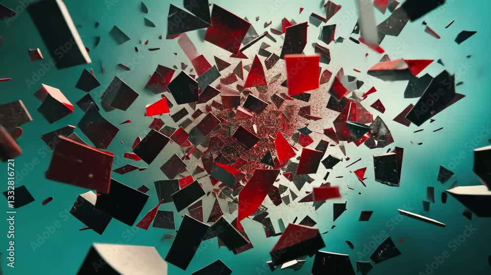 Poster Floating objects collide in a vibrant explosion of color and motion, Abstract floating objects colliding with each other CGI Trendy backgrounds
