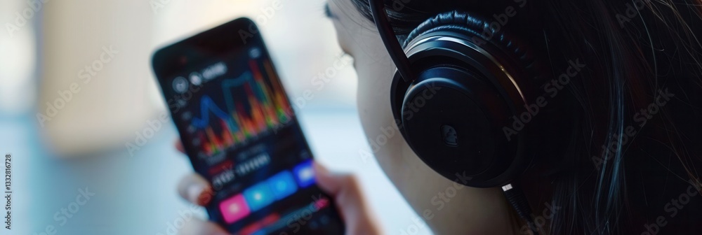 Aufkleber Close-up view of headphones connected to smartphone showcasing a music app with vibrant sound visualization and user-friendly interface Generative AI