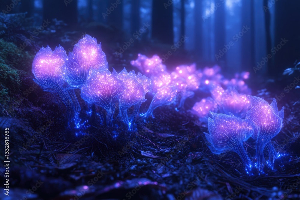 Poster glowing bioluminescent fungi illuminate a dark forest floor, creating a magical, ethereal scene.